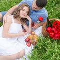 Young couple have picnic with red wine Royalty Free Stock Photo