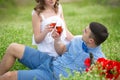 Young couple have picnic with red wine Royalty Free Stock Photo