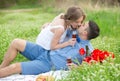 Young couple have picnic with red wine Royalty Free Stock Photo