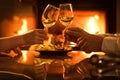 Young couple have romantic dinner with wine over fireplace background.