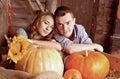 young couple having dating in the hayloft