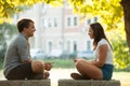 Young couple having fun on a bench in park while socializing over web Royalty Free Stock Photo