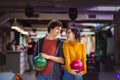 Couple having fun in bowling alley Royalty Free Stock Photo