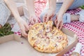 Young couple having picnic eating pizza Royalty Free Stock Photo