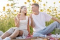 Young couple having picnic on sunflower field at sunset Royalty Free Stock Photo