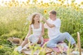 Young couple having picnic on sunflower field Royalty Free Stock Photo