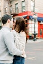 A young couple having a romantic moment in front of  famous Royalty Free Stock Photo