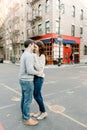 A young couple having a romantic moment in front of  famous Royalty Free Stock Photo