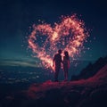 Young couple with heart shape fireworks. St. Valentines day. Royalty Free Stock Photo