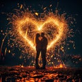 Young couple with heart shape fireworks. St. Valentines day. Royalty Free Stock Photo