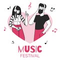 Young couple in heart shape frame vector illustration. Music festival, entertaining event. Male and female music Royalty Free Stock Photo