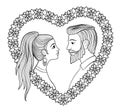 Young couple in heart shaped floral frame. Black and white Royalty Free Stock Photo