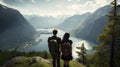 Young Couple Hiking with Alps Lake Vista. Lakeside Love Trail. Generative AI