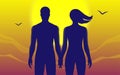 Couple holding each others hands on a sunset background. Adam and Eve concept vector illustration. Royalty Free Stock Photo