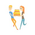 Young couple holding festive cake cartoon vector Illustration