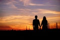 Young couple is holding hands on a background sunset silhouette Royalty Free Stock Photo