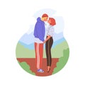 Young couple holding hands, the girl stood on tiptoes to kiss vector romantic lovers spend time together on walk outside Royalty Free Stock Photo