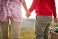 A young couple holding by hands and going to have a picnic in the nature. Love, relationship, together, nature Royalty Free Stock Photo