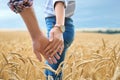 Young couple holding hands in grain field Royalty Free Stock Photo