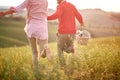 A young couple holding by hands and running over a large meadow. Love, relationship, together, nature Royalty Free Stock Photo