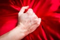 Young couple holding hands sensually on red silk bed