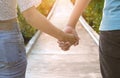 Young couple Holding Hands while walking on walkway in natural parkland, Royalty Free Stock Photo