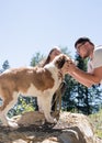 young couple holding St.Bernard dog hiking at the mountains