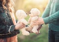 Young couple holding two teddy bears Royalty Free Stock Photo