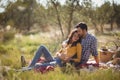 Young couple holding wineglasses while relaxing on picnic blanket Royalty Free Stock Photo