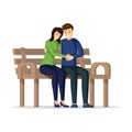 Young couple hugging flat vector illustration. Happy girlfriend and boyfriend sitting on bench and cuddling cartoon