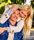 Young couple hugging and flirting in park Royalty Free Stock Photo