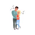 Young couple hugging and listening to music together with earphones vector Illustration on a white background