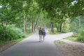 Young couple hugging and walking