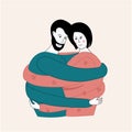 A young couple hugs very tight with very long arms, wrap one another. Love relationship and interdependence concept. Made in