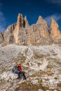 Young couple in italien dolomites, loving nature and climbing, tre cime di lavaredo