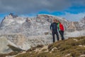 Young couple in italien dolomites, loving nature and climbing, tre cime di lavaredo