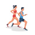 Young couple on a jogging walk. A man and a woman are running. Vector.