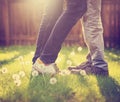 A young couple kissing in a backyard in summer sun light during Royalty Free Stock Photo