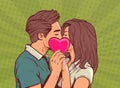 Young Couple Kissing Hollding Pink Heart Man And Woman In Love Over Comic Pop Art Style Valentine Day Celebration