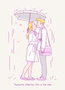 Young couple kissing in the rain under an umbrella. Line illustration