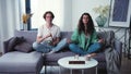 Young couple learning to care mental health. Family try meditation with tibetan bowl, standing bell. Meditation with