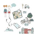 Young couple, life set icons. Hand drawn vector cartoon illustration. House, map, phone, people, bike