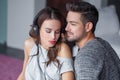 Young couple listening music by headphones together Royalty Free Stock Photo