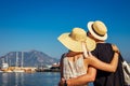 Young couple looks at the Alanya port