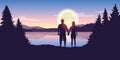 Young couple looks to the full moon at beautiful lake