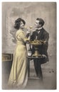 Young couple in love celebrated bottle champagne Vintage picture