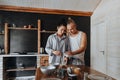 Young couple in love cook healthy food in the kitchen together Royalty Free Stock Photo