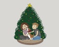 young couple in love dabble with a corgi dog with a red bow around his neck, sitting together near the christmas tree at home on a