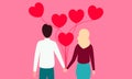 Young couple in love hold heart balloons on pink background. Vector illustration Royalty Free Stock Photo