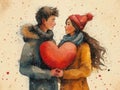 Young couple in love holding big red heart. Watercolor illustration. Generative AI Royalty Free Stock Photo